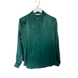 Zara Green Button-Up Long Sleeve Blouse Satin Feel